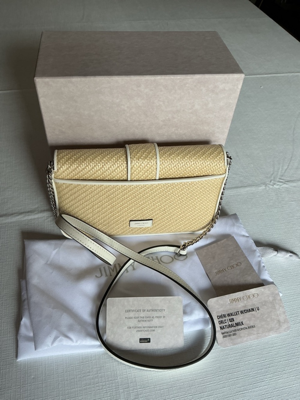 Jimmy Choo Cheri Raffia wallet/chain.  Crossbody bag with Crystal Buckle. - Picture 4 of 5